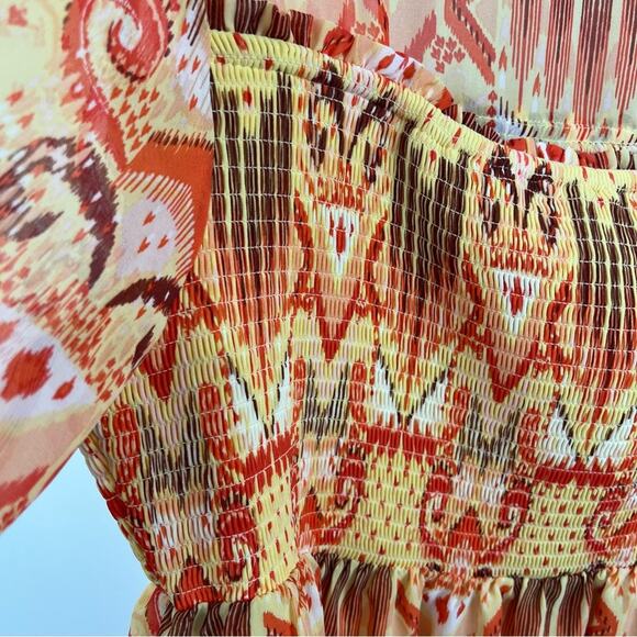 Torrid Yellow Orange Tribal Smocked Ruffle Square Neck Sheer Sleeve Blouse 3X - Picture 5 of 14